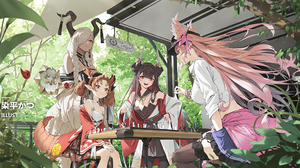 Azur Lane Horns Owari Azur Lane Table Sitting Monster Girl Long Hair Leaves Artwork Anime Girls Fox  2048x1152 wallpaper