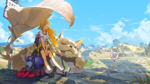 Anime Girls Desert Dog Blonde Long Hair Looking Up Sky Clouds Road Sign Animals Band Aid Sweat Dayli 2048x1164 Wallpaper