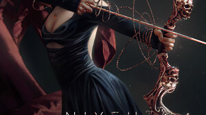 Nixeu Drawing Women Dark Hair Red Eyes Dress Black Clothing Jewelry Ruby Bow Arrows Fighting Archer  1144x1500 Wallpaper