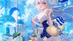 Anime Anime Girls Portrait Display Dress Looking At Viewer Long Hair Window White Hair Blue Eyes Sun 1059x1500 Wallpaper