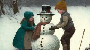 Ai Art Snowman Children Christmas Snow Winter Painting Hat Scarf Trees 3060x2048 Wallpaper