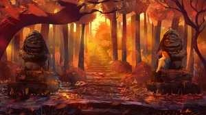 Fall Forest Statue Path 2100x1460 Wallpaper