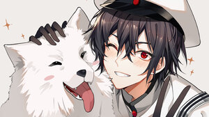 Anime Anime Boys Hat Red Eyes Dog Animals Black Hair Gloves Uniform Peace Sign Blushing One Eye Clos 2894x2126 Wallpaper
