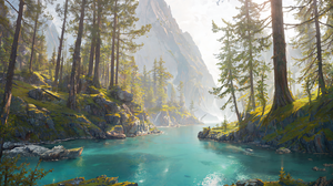 Landscape Mountains Forest Water Summer Stable Diffusion Neural Network Rocks Trees Ai Art Nature Di 3072x2048 Wallpaper