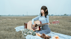 Asian Women Model Cosplay Guitar Siste Hitomio Crop Top Dress Guitar Musical Instrument Picnic Brune 5952x3971 Wallpaper