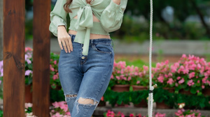 Asian Model Women Women Outdoors Long Hair Brunette Depth Of Field Jeans Blouse Earring Black High H 2560x3840 Wallpaper