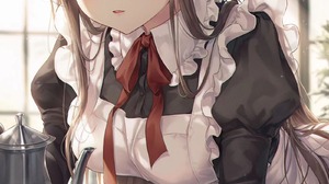Anime Anime Girls Maid Maid Outfit Brunette Brown Eyes Long Hair Artwork R O Ha 1600x2844 Wallpaper