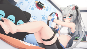 Anime Anime Girls Legs Barefoot Long Hair Sportswear Blushing Blue Eyes Gray Hair Ponytail Nacho Nek 3840x2160 Wallpaper