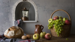 Apple Grapes Bread Egg 6016x4000 Wallpaper