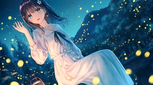 Hiten Anime Girls Dress White Dress Shoulder Length Hair Sky Dark Hair Blue Eyes Night Fireflies Sta 3500x2510 Wallpaper