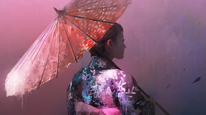 Thomas Dubois Women Japanese Clothes Ribbon Pink Ribbon Artwork Portrait Display Umbrella Back Dress 1400x1920 wallpaper