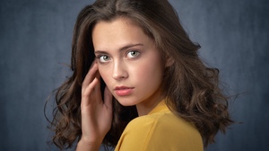 Sergey Gorshenin Women Lera Rubtsova Brunette Green Eyes Yellow Clothing Portrait Simple Background 2048x1463 Wallpaper