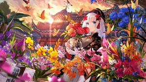 Anime Girls Flowers Butterfly Rose Plants 7680x4320 Wallpaper