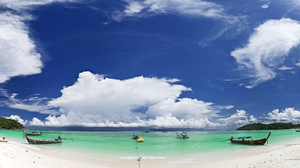 Beach Boat Cloud Island Lagoon Panorama Sky Thailand Tropics 5000x2201 Wallpaper