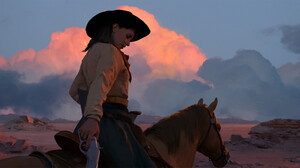 Yongfei Liu Digital 2D Digital Art Artwork Illustration Western Cowgirl Horse Women Oil Painting Gun 3840x1633 Wallpaper