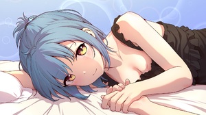 Anime Anime Girls Blue Hair Yellow Eyes Blushing Looking At Viewer Lying Down Lying On Side Smiling  2000x1500 Wallpaper