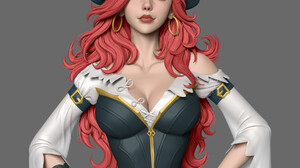 Ye Chaofan CGi Hat Redhead Long Hair Fantasy Art Simple Background Blue Eyes Pirate Hat Pirates 1920x1920 Wallpaper