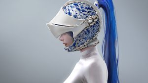 Nixeu Digital Art Artwork Illustration Minimalism Blue Hair Simple Background Helmet Profile Women W 5427x3501 Wallpaper