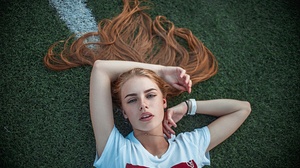 Dasha Kaysarova Sasha Ruskih Women Model Long Hair Face Grass Parted Lips Freckles Looking At Viewer 2560x1597 Wallpaper