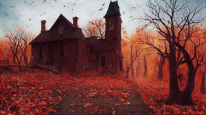 House Fall Bats Halloween Leaves Trees Ai 2304x1536 Wallpaper