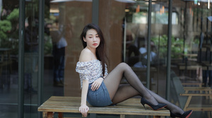 Asian Model Women Long Hair Dark Hair Sitting Women Outdoors Urban Heels Black Heels Legs Skirt Look 3840x2560 Wallpaper