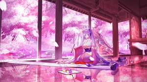 Anime Anime Girls Sakura Miku Cherry Trees Pedals Pink Hair Vocaloid 3500x1655 Wallpaper