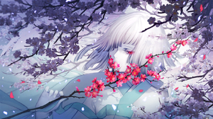 Anime Anime Girls Short Hair Red Eyes Petals Ribbons Kimono Red Flowers Cherry Blossom Silver Hair G 1644x1000 Wallpaper