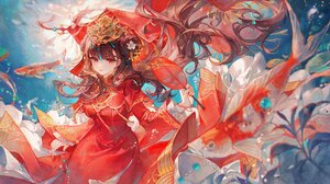 Anime Girls Maccha Brunette Red Eyes Underwater Red Dress Bubbles Fish Hair Ornament Hairbun Plants  4096x2207 wallpaper