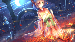 Cloud Eye Patch Flower Light Moon Nekomimi Night Sky Yukata 1800x1274 Wallpaper