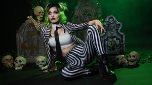 Women Model Halloween Cosplay Beetlejuice Striped Clothing Tie Crop Top Skeleton Skull Studio Gender 3500x2333 Wallpaper