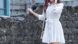 Asian Model Women Women Outdoors Long Hair Dark Hair White Dress Wristwatch Wall Leaning Dyed Hair D 1280x1920 Wallpaper