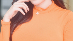 Asian Women Model Orange Dress Long Hair Brunette Looking At Viewer Portrait Display Women Outdoors 1620x2880 Wallpaper