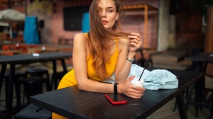 Dmitry Shulgin Women Model Blonde Women Indoors Restaurant Yellow Dress Dress Cellphone Smartphone T 2048x1365 Wallpaper