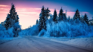 Winter Outdoors Ice Cold Snow Road Purple Sky Sunlight 3840x2160 Wallpaper