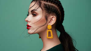 Oleg Gekman Women Brunette Braids Makeup Lipstick Eyeshadow Profile Green Clothing Green Background  2000x1500 Wallpaper