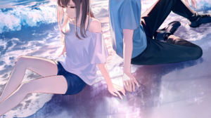Sawasawa Vertical Anime Girls Beach Anime Boys Couple Water Water Drops Sitting Looking Away Waves B 2659x3700 Wallpaper