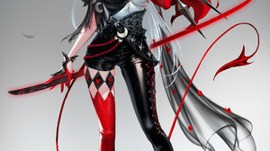Nessi Drawing Women Silver Hair Weapon Red Black Clothing Face Paint Original Characters Simple Back 1920x2734 Wallpaper