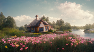 Cottage Lake House Field Flowers Sky Clouds Trees Water 1792x1024 Wallpaper