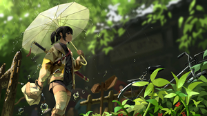 Artwork Rain Umbrella Sword Water Drops Hand Bags Green Bicycle Anime Anime Girls Plants 7680x4320 Wallpaper