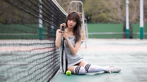 Model Women Asian Grey Dress OTK Socks Tennis Rackets Tennis Court 3840x2160 Wallpaper