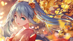 Bison Cangshu Hatsune Miku Fall Anime Girls Vocaloid Twintails Blue Eyes Blue Hair Leaves Kimono 3840x2160 Wallpaper