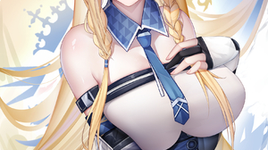 Saileach Arknights Anime Girls Arknights Blonde Blue Eyes Pointy Ears Braids Horns 1680x2592 Wallpaper