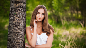 Aleksei Gilev Women Brunette Long Hair White Clothing Straight Hair Depth Of Field Nature Trees Tree 1620x1080 Wallpaper