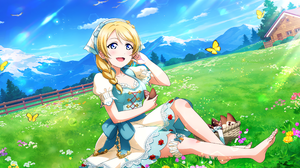 Ayase Eli Love Live Anime Anime Girls Sunlight Mountains Snow Flowers Grass Butterfly Insect Open Mo 4096x2520 Wallpaper