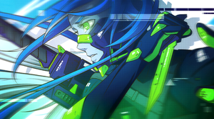 Call Of Duty Cyberpunk Knife Combat Green Eyes Loading Screen Futuristic Long Hair Blue Hair Robot C 4096x2048 wallpaper