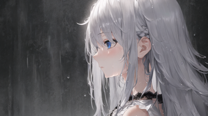 Anime Girls White Hair Blue Eyes Profile Simple Background Rain Water Drops Wet Blushing Long Hair A 3840x2160 Wallpaper