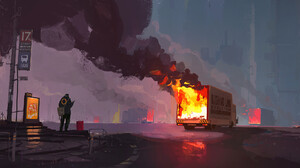 Ismail Inceoglu Digital Art Artwork Illustration Street Fire Smoke Truck Vehicle 2500x1150 Wallpaper
