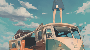 Pixiv Artwork Portrait Display Anime Girls Sky Clouds Vehicle Water Reflection Stretching Glasses Cl 1000x1414 wallpaper