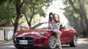 Asian Model Women Long Hair Dark Hair Depth Of Field Sitting Leaning Sports Car Sandals Long Sleeves 2048x1365 Wallpaper