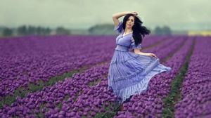 Woman Girl Blue Dress Depth Of Field Black Hair Field Summer Tulip Flower Purple Flower 2048x1239 Wallpaper
